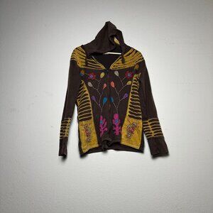 Greater Good Network Boho Hoodie Zip Up Brown Women L/XL Floral Embroidered Y2K